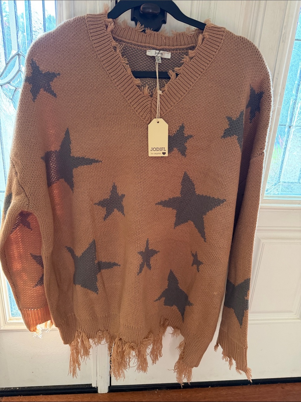 JODIFL Camel Star V-Neck Distressed Knit Sweater